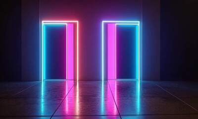 Wall Mural - dynamic grid 3d neon background with luminous light beams in synchronized motion