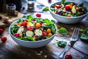 Fototapete - Fresh vegetable salad in white bowls with cherry tomatoes and cucumbers on wooden table