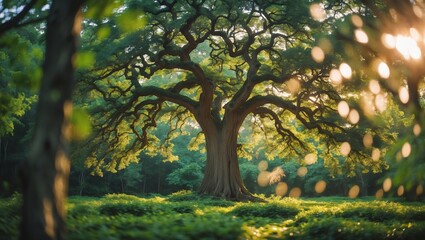Wall Mural - majestic tree stands tall amidst lush greenery in the serene forest during golden hour light