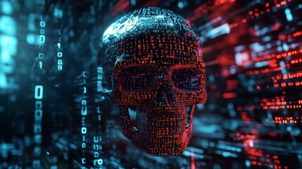 Fototapete - Futuristic digital skull with binary code in red and blue hues, cyber security warning. Technology and data breach concept