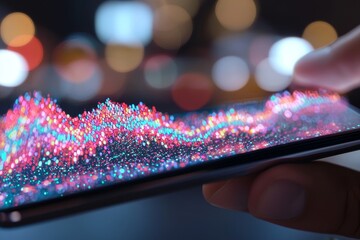 Data analytics, information technology, and global networking are represented by a phone, hologram, and a person's hands on a mobile app, set against a nighttime backdrop with digital software and a
