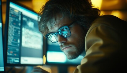 A business man's nighttime data analysis, digital coding, and programming are displayed on a computer, hologram, and touchscreen, with a software overlay related to information technology