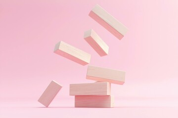 Canvas Print - Falling wooden blocks on a pink background, representing balance, creativity, and playfulness in a minimalist style