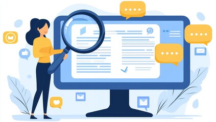 in a flat modern illustration on a white background, an internet user is shown searching for data an