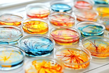 multiple petri dishes filled with colorful chemical reactions, creating abstract patterns, represent