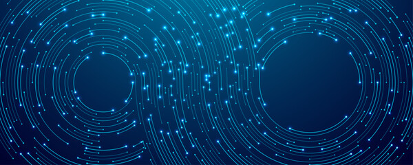 Fototapete - Abstract infinity symbol with circle circuit wires on technology dark blue background. AI concept. Big data flow tech bg. Digital network backdrop. CPU electronics pattern. Vector illustration 