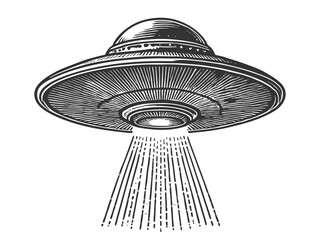 Wall Mural - UFO flying saucer emitting a powerful beam of light, blending retro sci-fi with a mysterious extraterrestrial theme sketch engraving generative ai raster illustration. Scratch board. Black and white.