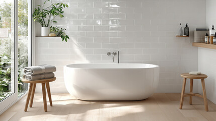 Wall Mural - Modern Scandinavian bathroom with white freestanding bathtub, wooden stools, and green plants, creating serene and minimalist atmosphere