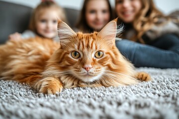 Wall Mural - friendly orange cat relaxes on soft rug with two girls playing in cozy indoor setting
