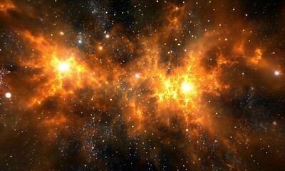 Wall Mural - video of orange smoke in the dark cosmic sky with bright orange bursts of stars illuminating the bac