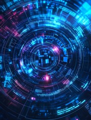 Wall Mural - futuristic technology background with glowing circular holograms and circuit board elements. high-te