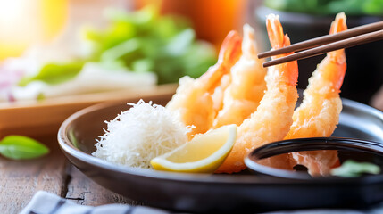 Wall Mural - Plate of tempura shrimp and vegetables with tentsuyu dipping sauce, Generative AI