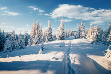 Aufkleber - Fabulous view of snow-capped spruces on a frosty day glowing by sunlight.