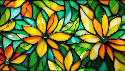 Wall Mural - Green and yellow stained glass flowers as a background. 