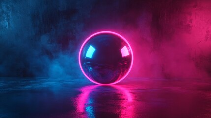 Poster - Glowing neon pink sphere with reflections on wet surface in misty blue and purple ambiance. Futuristic digital art concept