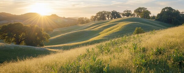 Poster - Earth day environmental concept. A serene landscape of rolling hills illuminated by a warm sunrise in a peaceful setting.