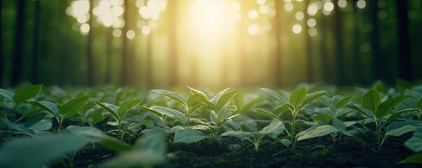 Poster - Earth day environmental concept. A serene forest scene with sunlit green plants thriving under the canopy.