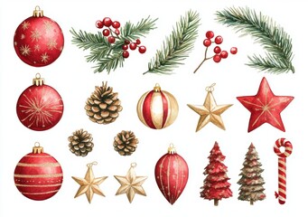 Canvas Print - Hand-drawn watercolor Christmas decorations set against a white background