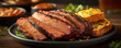 © watz - Slices of smoked beef brisket served with cheesy toast arranged on a dark plate on a wooden table.