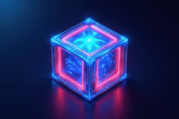Canvas Print - a futuristic neon-cube displaying advanced technology in a dark environment, featuring dynamic blue 
