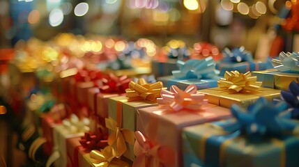 a colorful array of wrapped gifts with festive bows.