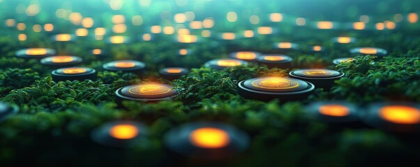 Poster - Earth day environmental idea. Mystical green moss illuminated by soft glowing lights in a tranquil setting.