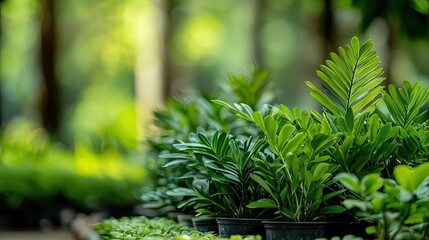 Poster - Earth day environmental concept. Lush green plants in pots, showcasing vibrant leaves in a serene garden setting.
