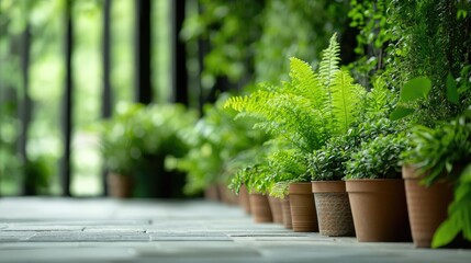 Poster - Earth day environmental concept. Lush green ferns in pots decorating a tranquil garden pathway.