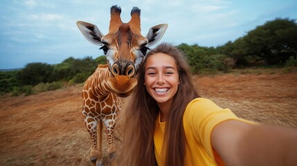 european girl on vacation in kenya takes a selfie with a cute giraffe that leans over to take a pict