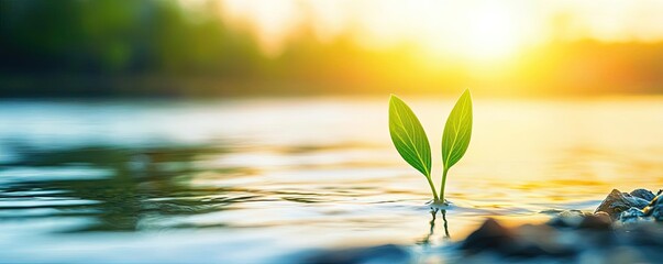 Poster - Earth day environmental concept. A young plant sprouts from the water, illuminated by a warm, glowing sunset.