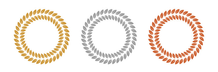 Wall Mural - gold, silver, bronze laurel wreaths. winner medal award set vector illustration. victory symbol, tri