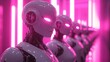 © Julia - A futuristic scene with AI-driven cyber humans, cyborgs, and robots, depicted in glowing pink neon colors, illustrating a background of innovation, science, and data