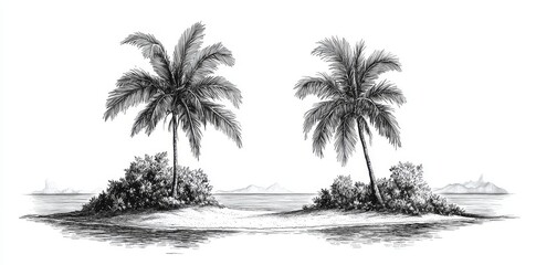 An old-fashioned vintage engraving of a tropical beach scene with palm trees, set against a black and white vintage graphic background