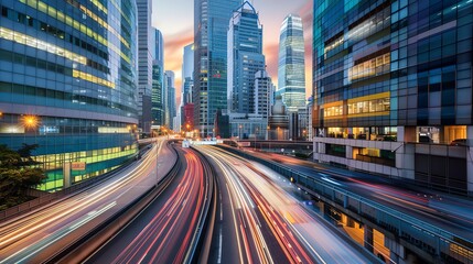 Wall Mural - A highway with streaks of light from cars traveling at dusk, with tall buildings on either side.