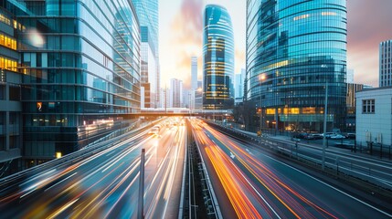 Wall Mural - A highway with blurred streaks of light from passing cars in the city.