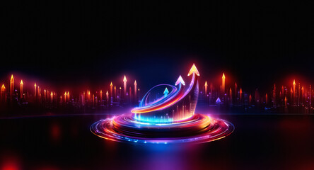 Aufkleber - Vibrant light trails form arrows ascending from a glowing circular base, set against a stark dark backdrop. The scene conveys motion and futuristic energy.