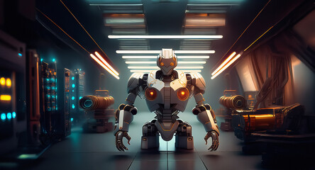 Poster - Futuristic robot stands in a dimly lit corridor with glowing lights. Metallic humanoid figure in a sci-fi setting with technological equipment.