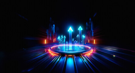 Aufkleber - A vibrant 3D render showcases a futuristic platform emitting blue light, with glowing arrows pointing upwards, set against a dark backdrop and highlighted with orange accents, creating a dynamic and a