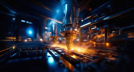Aufkleber - Futuristic industrial scene: robotic arms precisely working on electronics with sparks and lights. Dark, high-tech environment.
