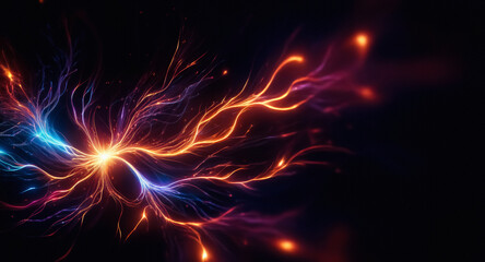 Leinwandbilder - Vibrant abstract glowing lines in orange, blue, and purple radiate from a central point against a dark backdrop, evoking energy and plasma.