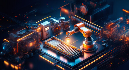 Aufkleber - Futuristic factory scene with an orange robotic arm precisely welding components on a conveyor belt, illuminated by vibrant, glowing lights, showcasing advanced automation.