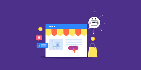 Wall Mural - ai chatbot assistant helps customer to buy from ecommerce webstore using product recommendation, pay