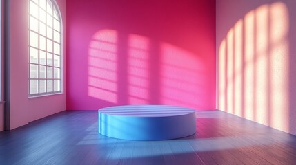 Poster - Colorful empty interior with pink wall, arched window casting soft shadows, and blue round platform. Modern minimalist design concept