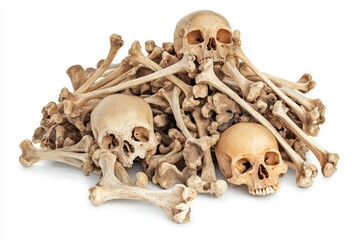 Skull and bone pile on white background. Neural network AI generated