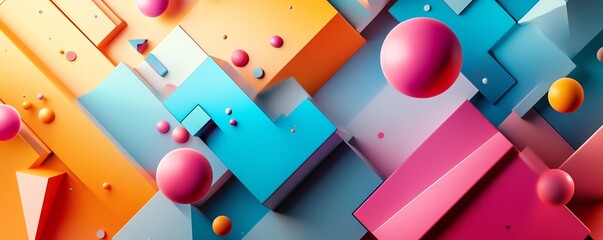 Poster - A 3D abstract composition featuring geometrical forms like triangles, circles, and squares, in a fluid, colorful digital space, blending vibrant tones and sharp angles