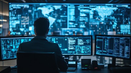 Leinwandbilder - A busy security operations center with large digital screens showing critical metrics