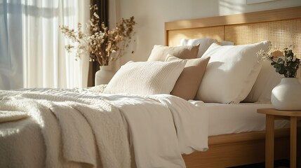 Canvas Print - Sunlit bedroom with beige bedding, pillows, and wooden furniture.