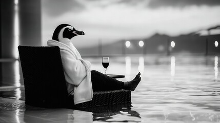 Wall Mural - a man wearing a robe sits in a chair, holding a glass of wine in one hand and a bottle of wine in th