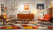 © Jamie - A bold mid-century modern furniture display featuring retro chairs geometric rugs and vintage lighting.