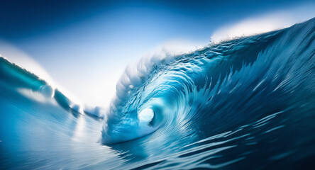 Poster - A dynamic ocean wave intensely curls, creating a powerful display of nature's energy with its translucent, deep blue water under bright sunlight.